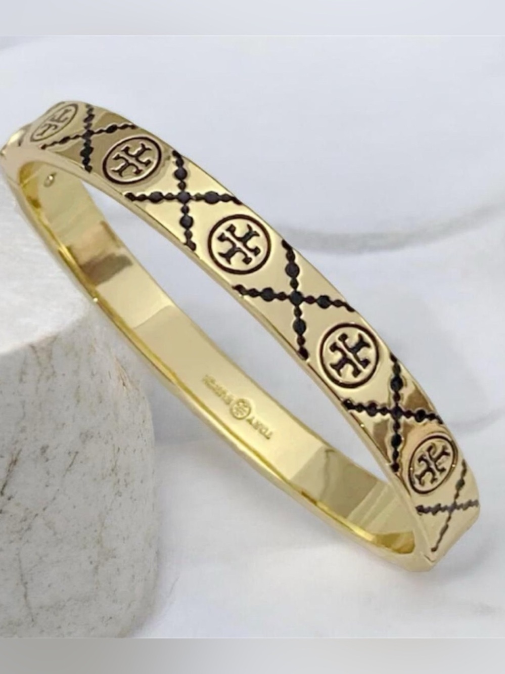 NWT Tory Burch Icon T Monogram Hinge Bracelet gold-tone finish w/ black accent
